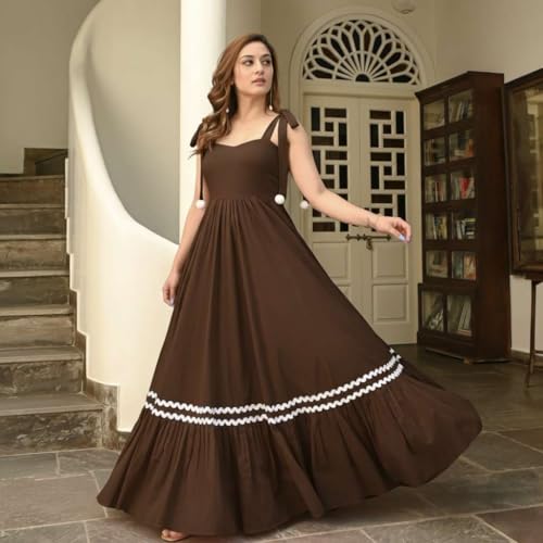 Image of Women's Elegant Long Maxi Gown with Shoulder Ribbon Tie-Up, Stylish & Trendy - Fit and Flare Sleeveless Square Neckline Western Dress, Casual Dress for Women