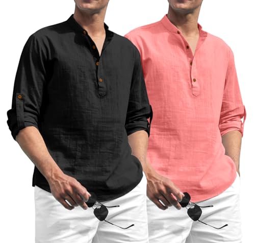 Image of Zombom Combo of Men's Solid Cotton Polyester Blend Full Sleeve Straight Kurta Shirt (Pack of 2)