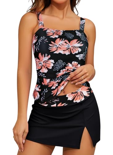SHEKINI Conjunto de tankini elegante para mujer, con cintura acanalada, ajustado, de dos piezas, tankini con falda y tallas grandes, Negro Y, M