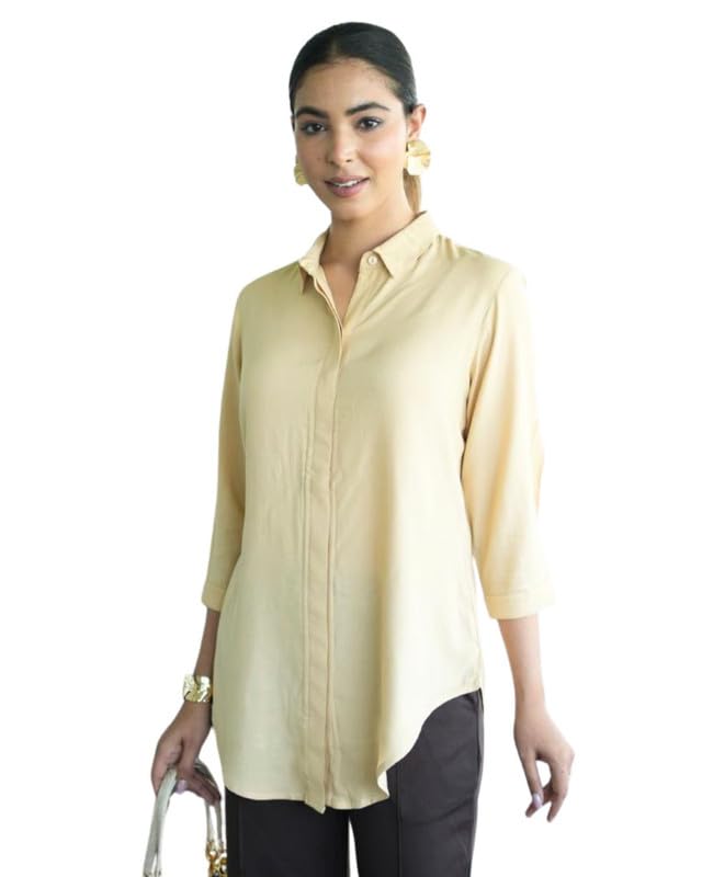 Image of Mlada Hemline Solid Shirts for Women | 3 /4 Sleeves Classic Rayon Shirt for Office Wear | Collared Neck Shirt for Girls | Regular Fit Shirts | Smart Formal Button Down Shirt for Women