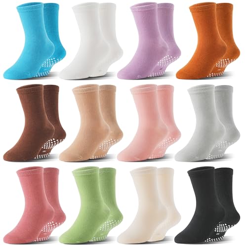 Welwoos Baby Girls Toddlers Grips Socks Kids Non Slip Anti Skid Gift Cotton Socks with Grippers 12 Pairs Stocking Stuffers(Solid Color,5-8Y)