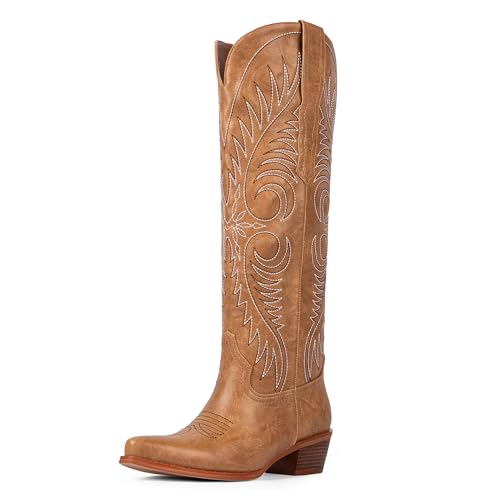 Modatope Tan Cowboy Boots Women Knee High Wide Calf Size 8