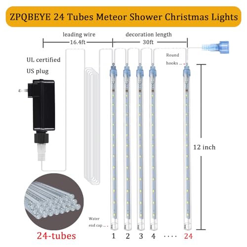 Zpqbeye ZPB-MTLM-24 Meteor Shower Lights Outdoor Christmas Lights 24-Tube 576Leds Snow Falling Rain Cascading Icicle Lights thumb #3