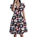 Cexiakong Vestido de verano para mujer, estampado floral, cuello de pico, largo hasta la rodilla, vestido midi de manga de farol, vestido de ocio, elegante, vestido de playa, largo, holgado, vestido