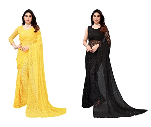 Yashika Women's Jacquard Net Standard Length Yellow-Abira Black, Saree