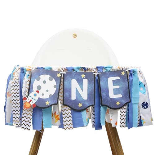 Outer Space High Chair Banner - Planets Astronaut Rocket 1st Birthday Decorations,Space First High Chair One Banner Party Decor,First Trip Around Sun