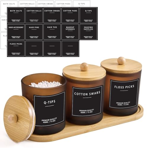 Glas Wattestäbchen Behälter mit Bambus Tablett, 400ml Badezimmer Organizer Set für Wattepads, Zahnseide Sticks, Haargummis & Schminktisch Aufbewahrung, Wattepadspender mit...