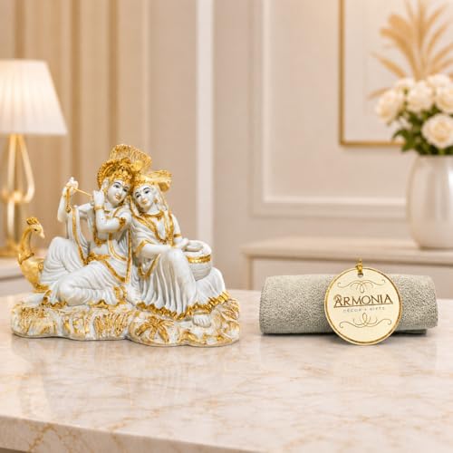 Image of ARMONIA Radha Krishna Murti 8.6 Inch | Premium Marble Dust Radha Krishna Idol with Peacock for Mandir, Home Decor & Office Desk | Radhakrishna Statue Spiritual Gift for Diwali, Wedding & Housewarming