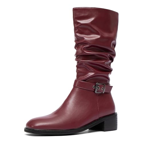 NEWBELLA Women's Slouchy Mid Calf Boots Chunky Heel Booties with Adjustable Locking Straps-Casual Fall Winter Boots, Burgundy, 7.5