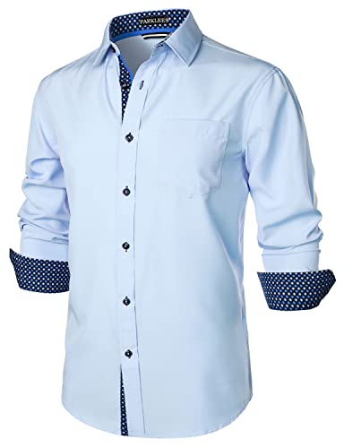 PARKLEES Herren Hipster Urban Design Regular Fit Langarm Casual Business Button Up Kleid Hemden mit Tasche, hellblau, M