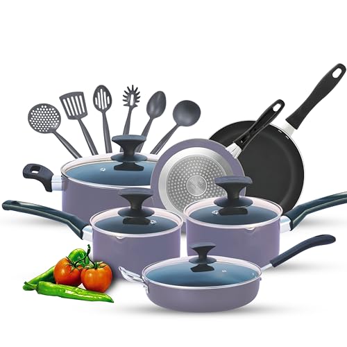 Kitchen King - Juego de utensilios de cocina antiadherentes de 15 piezas, sartén, cacerola y cacerolas con 5 cucharas de cocina con tapas, acabado brillante sin PFOA (inducción, racimo gris)