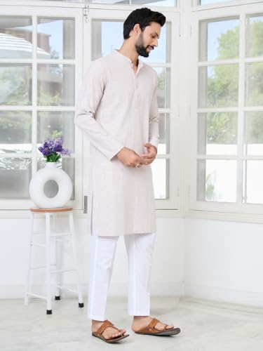 Image of See Designs Men's Full Sleeve Mandarin Collar Geometric Sequins Embroidered Thread Work Straight Long Kurta - Festive Collection