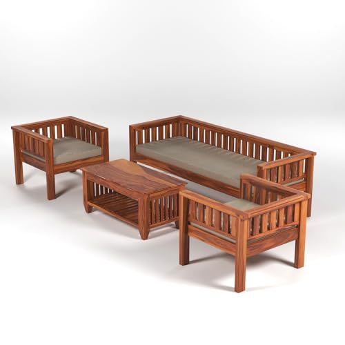 Image of Sheesham Wood 5 Seater Low Height Sofa Set with Coffee Table for Living Room | 5 Seater Sofa Set | Wooden Sofa Set | Beige Cushion (3+1+1, Honey Finish)