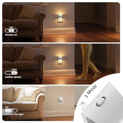 Image of JandCase Motion Sensor Night Light, Night Lights Plug into Wall, Dusk to Dawn Sensor Nightlight with Motion Activated, 30 /60 /100lm Brightness Dimmable, 3000K Warm White, for Kids Bedroom Hallway