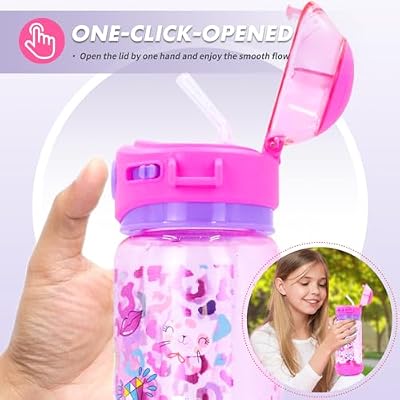 Kids Water Bottle with Straw/Lanyard for School Kids Girls Boys, 22oz BPA Free Child Drinking Water Bottle One-Click-Open Leak-Proof Locking Flip Lid for School Sport Travel