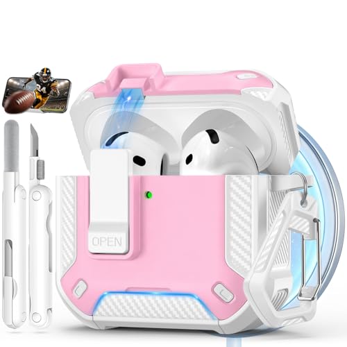Image of for AirPods 4 Case with Lock & Phone Stand(White-Pink) | Automatic Snap Switch Lock,Carbon Fiber Texture Design Cover with Cleaner Kit,Compatible with MagSafe