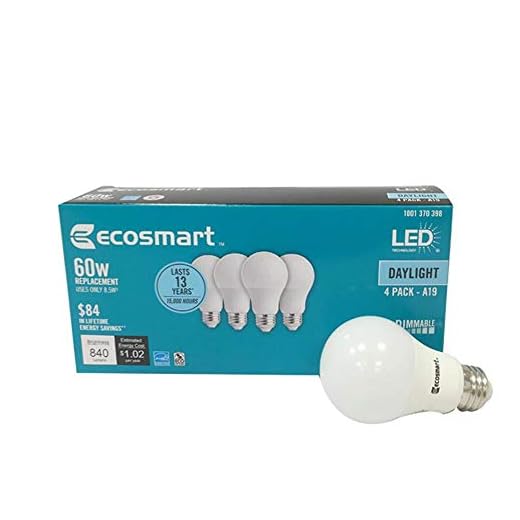 (4 Pack) Ecosmart A19 LED 60 Watt Replacement (8.5W) Daylight White (5000K) 840 Lumens Energy Star Rated Medium Base E26 Dimmable Regular Shaped Light Bulbs