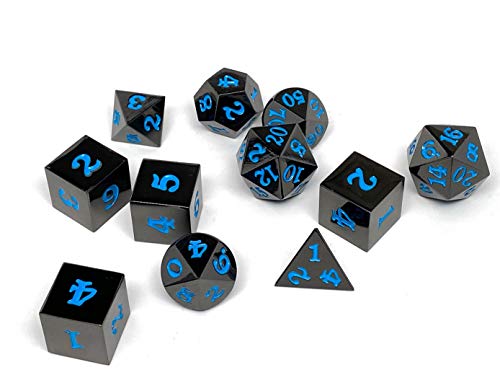 Gun Metal 11 Piece Dice Set - Signature Font - Powder Blue