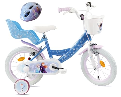 Vélo 14'' Fille Licence Reine des Neiges avec Casque Frozen Inclus. Vélo équipé de 2 Freins Caliper - Pneus Gonflables - Panier Avant - Porte-poupée...