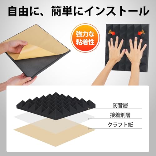 AUSLET 吸音材 自己粘着 防音シート 30x30x5cm 黒 ピラミッド型 の商品画像 2