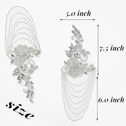 Pair Epaulettes Shoulder Patches for Dress,Beaded Rhinestones Appliques Embellishments Sew-on Diamond Sequin Applique （White） by Silvora - Image 4
