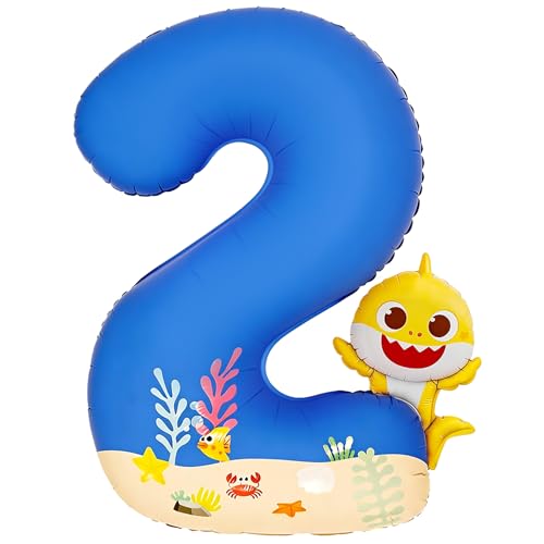 Image of PartyWoo Baby Shark Blue Foil Number 2 Balloon 40 Inch Blue Mylar Helium Birthday Number Balloons for Boys and Girls Baby Shark Under the Sea Ocean Theme Kids Second Birthday Party Decorations