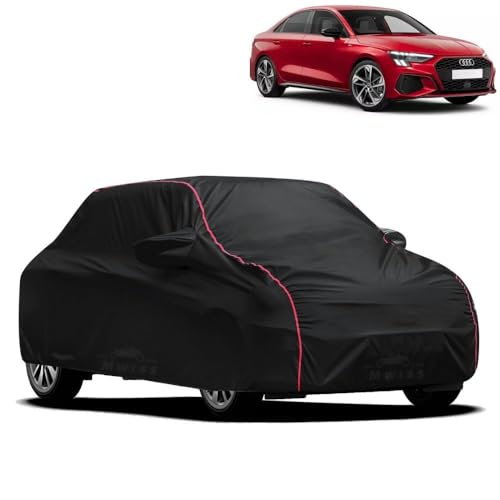 Image of Waterproof Car Cover for Audi A3 | All-Weather Protection, Dustproof & UV Resistant | Triple Stitched Mirror Pockets, Windproof Buckle Strap with Elastic Hem, Black-Red Piping