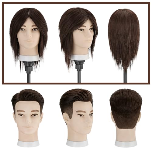 TwoWin 13 Zoll (33 cm) Frisierkopf Echthaar, Mann Friseurkopf Übungskopf 100% echthaar, Trainingskopf für Friseure, Frisurenkopf Männlicher Haarschnitt, Übungskopf Friseur Mit Tischklemme (Braun)
