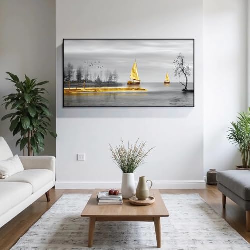 YOOSART Neutral Toned Nautical Sailboat 2D Canvas Wall Art - Sleek Aluminum Frame Coastal Gold Accent Decor for Living Room Bedroom(80cmx146cm/31.52" LX57.52 W) by YOOSART - Used condition - Image 5