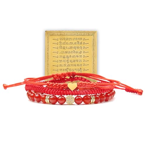 3Pcs Red Bracelets for Women – Carnelian & Red String Heart Bracelet Set Handmade Adjustable Lucky Protection Tibetan Talisman Jewelry