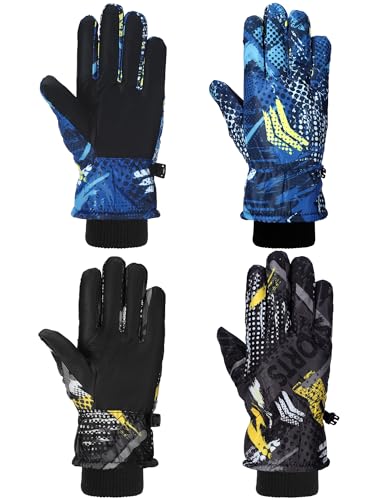 Image of Honoson 2 Pairs Kids Snow Gloves, Winter Waterproof | for Outdoor Snowboard Sledding, Warm Fleece Lining, Windproof, Adjustable Wrist Strap, Youth Cold Weather Ski Glove