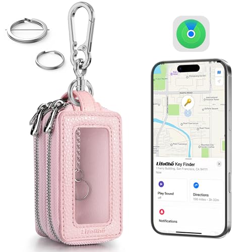 Image of Keychain, Works with Apple Find My, Key Finder Built-in Anti-Loss Tracker, Leather Car Fob Key Holder, Double-Layer Car Key Chains with Global Locator Tracking, Rechargeable (Pink)