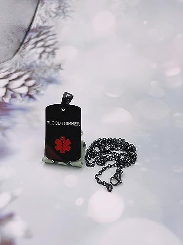 GMXLin BLOOD THINNER Medical Alert Necklace Black Engraved Stainless Steel Medical ID Tag Emergency Med Identification Pendant for Men Women - Thumbnail 3