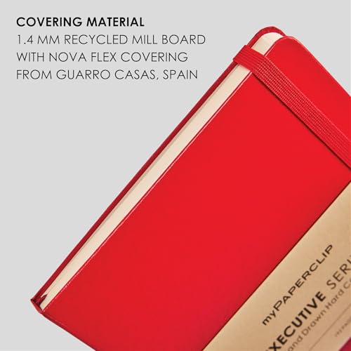 Image of myPAPERCLIP Executive Series A5 Ruled Notebook | 192 Pages, 80 GSM, Hard Cover, A5 (5 .83 x 8.27 in) | Flat Lay | Bookmark, Elastic Closure & Back Pocket | Red