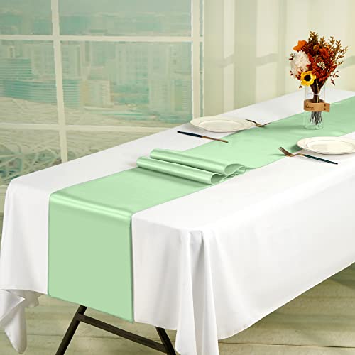 Fani 12 Packs Sage Green Satin Table Runners 12 X 108 Inch Long Smooth Fabric Table Runner For Wedding Banquet Graduations Birthday Party, Table Runners Fit Rectange And Round Table #TOP7