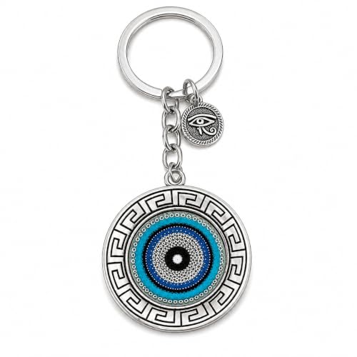 Image of Evil Eye Keychain, Blue Nazar Talisman with Eye of Horus Charm, Greek Key Border, Antique Finish, Metal Key Ring