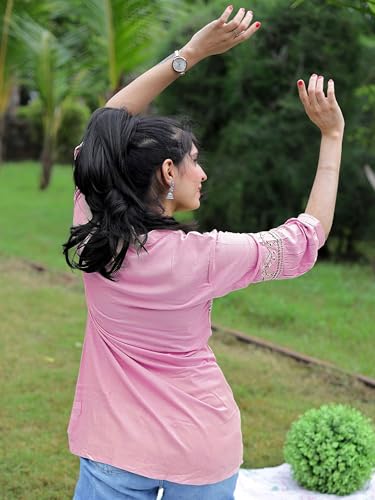 Image of Women's Viscose Rayon Embroidered A-Line Short Kurti Above Knee Regular Fit Tunic Top Office Wear Casual short kurti for women | office wear top | A-line kurti | raksha bandhan gift dress for women