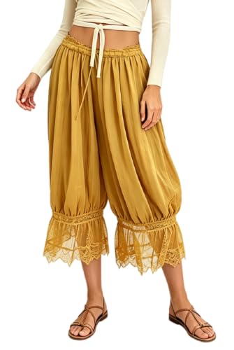 Image of UAURORAO Women Lace Trim Bloomer Pants Flowy Culottes Pantaloons Bloomers