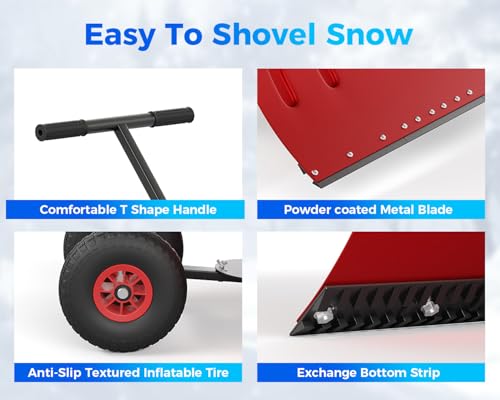 Garvee Snow Shovel Pusher for Driveway,Heavy Duty 2-Wheel Snow Shovel with Single Rod,29" Angled Blade Efficient Metal Snow Removal,5 Level Adjustable Height Handle,Snow Plow for Sidewalk(Red) by Garvee - Image 8