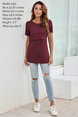 Sosolism 3 Packs Maternity Nursing Tops Scoop Neck Short Sleeve Tees For Breastfeeding Red/Blue/Purple,S #TOP2