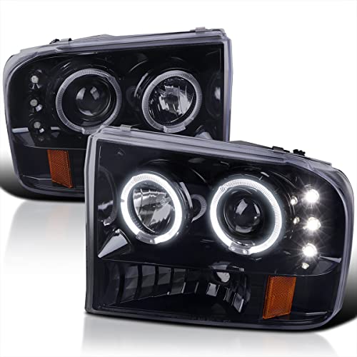 Spec-D Tuning Halo Rim Led Glossy Black Housing Smoke Lens Projector Headlights Compatible With 1999-2004 Ford F250/F350/F450/F550 Super Duty Left + Right Pair Headlamps Assembly #TOP15