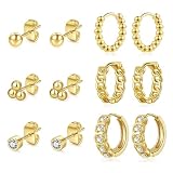BMMYE Small Gold Stud Earrings for Women Cartilage Tiny Sleeper Earrings 6 Pairs Gold Huggie Hoop Ea