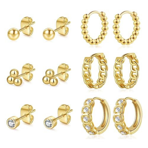 Bmmye Small Gold Stud Earrings For Women Cartilage Tiny Sleeper Earrings 6 Pairs Gold Huggie Hoop Earrings Hypoallergenic Mini Gold Hoops 14K Gold Stud Earrings Set For Multiple Piercing #TOP5
