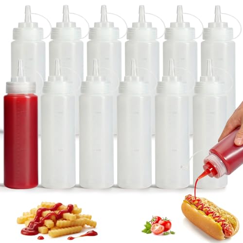 Condiment Squeeze Bottles, 8-Pack 16 oz Durable Plastic Squeeze Squirt Bottle with Discrete Measurements for Ketchup, BBQ, Sauce