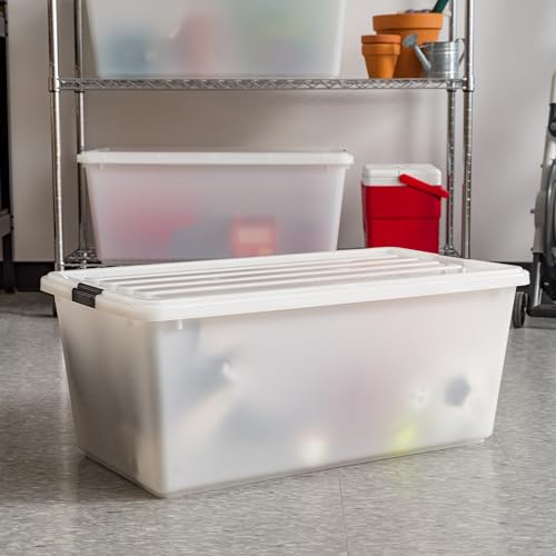 IRIS USA 91 Qt Stackable Plastic Storage Bins with Lids, 4 Pack - BPA-Free, Discreet Organizing Solution, Latches, Durable Nestable Containers, Secure Pull Handle, Made in USA - Pearl by IRIS USA - Image 4