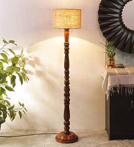 Image of AMDHOME Jute Modern Floor Lamp with Wooden Base - Height 56 Inches | Modern & Fashionable Standing Lamp for Living Room, Bedroom & Office | Stylish Home Decor Lighting in Elegant Beige Shade