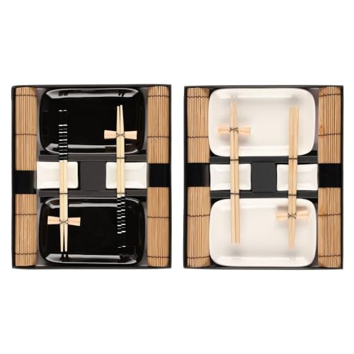 BAKAJI Set Servizio Da Sushi Giapponese Cinese In Ceramica Stoviglie Per 2 Persone Con Piattino e 2 Bacchette 2 Colori Assortiti Bianco Nero