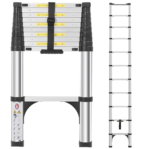 Telescoping Ladders 10.5 FT Aluminum Ladder - One-Button Retraction Collapsible Extension Ladder for Home,RV,Attic & Loft, Lasts 330 LBS with 2 Triangle Stabilizers and 2 Detachable Hooks