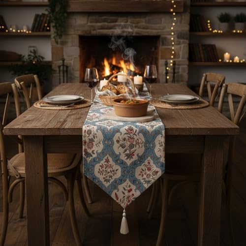 Image of COZY FURNISH Reversible Floral Dining Table Runner - Microfiber Cotton Decorative Runner with Tassels for 6 Seater Table & Bed (13x72 Inches)