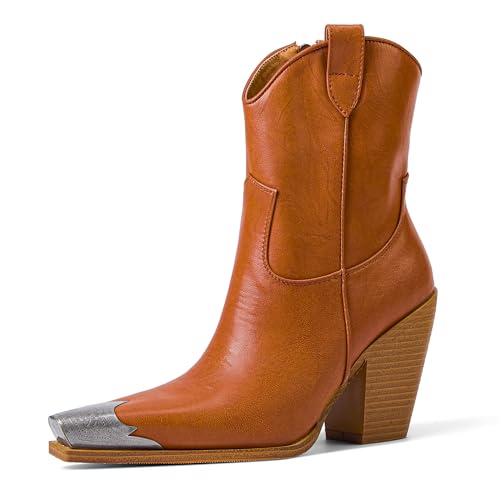 Image of Cowboy Ankle Boots for Women Engraved Steel Toe Cowgirl Boots Stacked Block Heels Short Cowboy Boot Fashion Dressy Western Country Booties